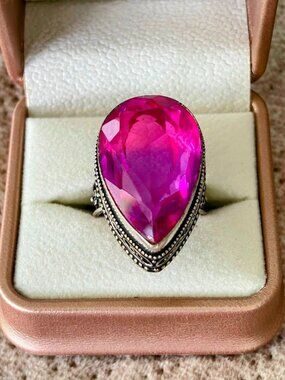Vintage 925 Sterling Silver Pink Bi-Color Tourmaline Statement Ring Size 8